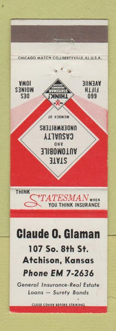 Matchbook Cover - Claude Glaman Insurance Atchinson KS