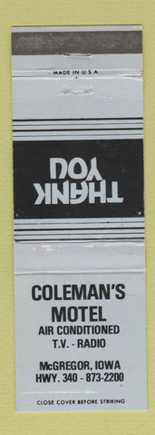 Matchbook Cover - Coleman's Motel McGregor IA WEAR