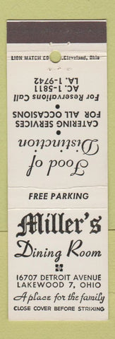 Matchbook Cover - Miller's Dining Room Restaurant Lakewood O H