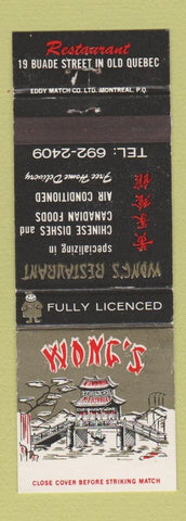 Matchbook Cover - Wong's Chinese Restaurant Quebec QC