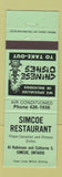 Matchbook Cover - Simcoe Restaurant Chinese ON