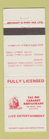 Matchbook Cover - Tai Pei Cabaret Restaurant Dunedin New Zealand