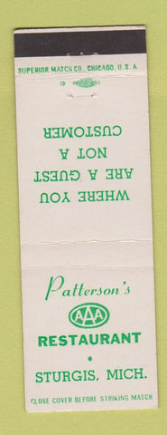 Matchbook Cover - Patterson's Restaurant Sturgis MI