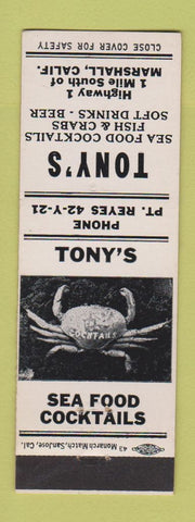 Matchbook Cover - Tony's Seafood Restaurant Marshall CA