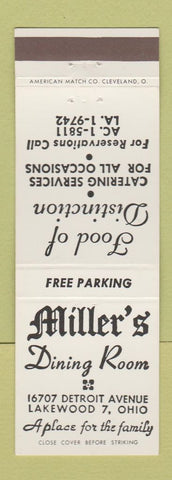 Matchbook Cover - Miller's Dining Room Restaurant Lakewood OH