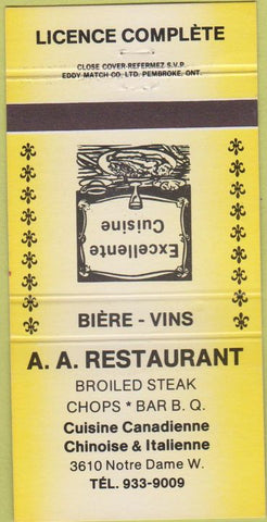 Matchbook Cover - AA Restaurant Montreal QC yellow 30 Strike