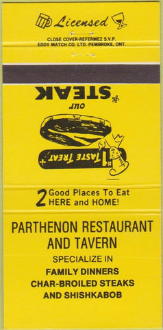 Matchbook Cover - Parthenon Restaurant Tavern Canada NO TOWN 30 Strike