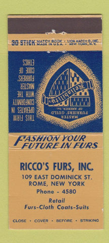 Matchbook Cover - Ricco's Furs Rome NY girlie 30 Stick