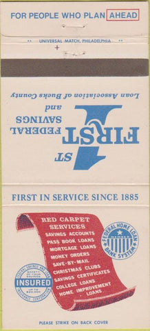 Matchbook Cover - 1st Federal Savings Loan Bristol Langhorne PA 30 Strike