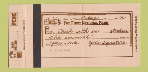 Matchbook Cover - First National Bank Stanton TX 30 Strike