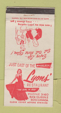 Matchbook Cover - Lyons' Restaurant Sault Ste Marie ON girlie WEAR 30 Strike