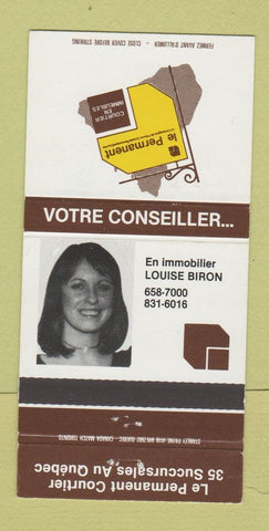 Matchbook Cover - Le Permanent Courtier Quebec QC Louise Biron 30 Strike