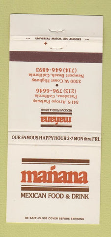 Matchbook Cover - Manana Mexican Restaurant Newport Beach Pasadena CA 30 Strike