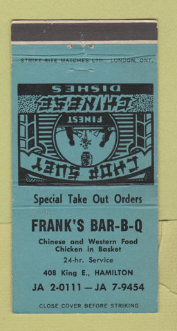 Matchbook Cover - Frank's BBQ Hamilton ON Chinese 30 Strike
