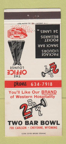 Matchbook Cover - Two Bar Bowling Cheyenne WY liquor billiards 30 Strike
