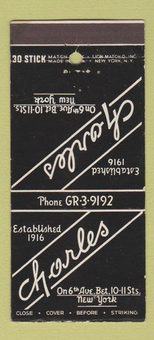 Matchbook Cover - Charles Restaurant New York City 30 Stick