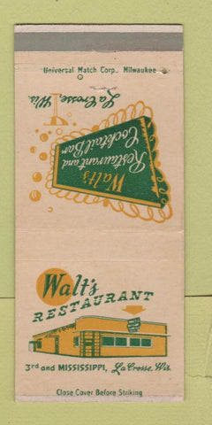 Matchbook Cover - Walt's Restaurant La Crosse WI 30 Strike