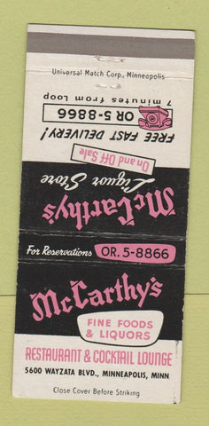 Matchbook Cover - McCarthy's Restaurant Minneapolis MN 30 Strike
