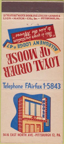 Matchbook Cover - Moose Lodge Allegheny Pittsburgh PA 21 Feature