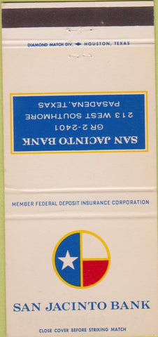 Matchbook Cover - San Jacinto Bank Pasadena TX 30 Strike