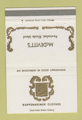Matchbook Cover - Kuppenheimer Men's Clothes McDevitt's Pawtucket RI 40 Strike