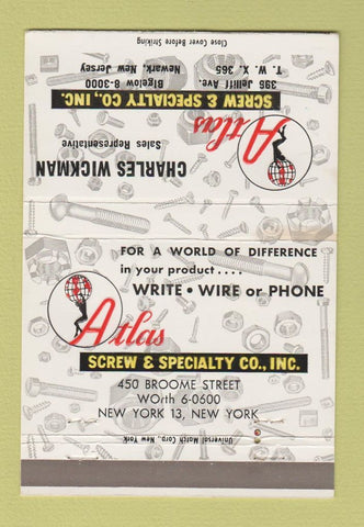 Matchbook Cover - Atlas Screw Specialty New York City Newark NJ 40 Strike