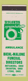 Matchbook Cover - Biehl Malone Funeral Home Metamora Swanton Lyons OH