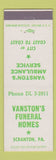 Matchbook Cover - Vanston's Funeral Homes Scranton PA Vanston's Ambulance