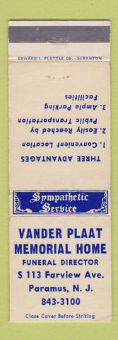 Matchbook Cover - Vander Plaat Memorial Home Funeral Paramus NJ