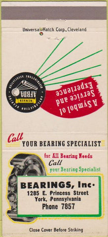 Matchbook Cover - Bearings Inc York PA 30 Strike