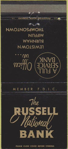 Matchbook Cover - Russell National Bank Mifflin Burnham Lewiston PA 30 Strike
