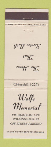 Matchbook Cover - Wolfe Memorial Funeral Home Wilkinsburg PA