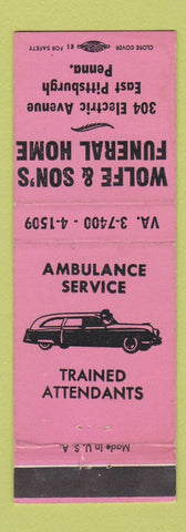 Matchbook Cover - Wolfe & Son's Funeral Home East Pittsburgh PA PINK WEAR