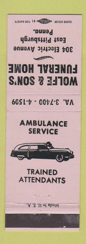Matchbook Cover - Wolfe & Son's Funeral Home East Pittsburgh PA LAVENDER