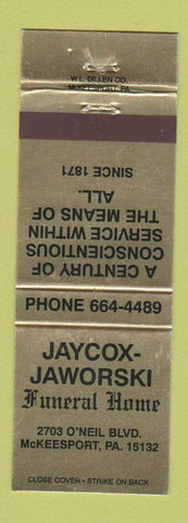Matchbook Cover - Jaycox Jaworski Funeral Home McKeesport PA WEAR