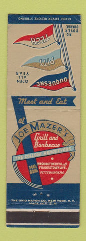 Matchbook Cover - Joe Mazer's Grill BBQ Pittsburgh PA Duquesne Pitt
