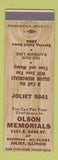 Matchbook Cover - Olson Memorials Funeral Headstone Joliet IL