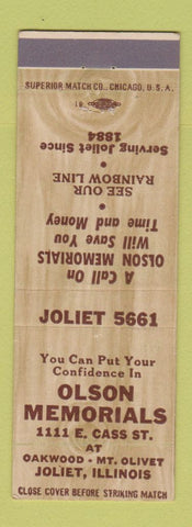 Matchbook Cover - Olson Memorials Funeral Headstone Joliet IL