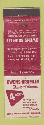 Matchbook Cover - Owens Brumley Funeral Fort Worth Bowie Wichita Falls TX WEAR