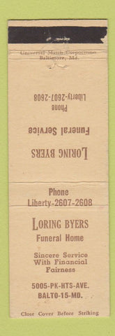 Matchbook Cover - Loring Byers Funeral Home Baltimore MD WEAR