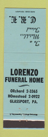 Matchbook Cover - Lorenzo Funeral Home Glassport PA BLUE