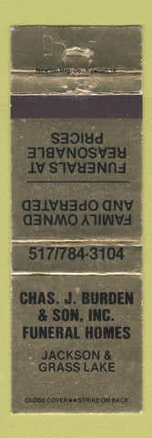 Matchbook Cover - Chas Burden Son Funeral Home Jackson Grass Lake MI WEAR