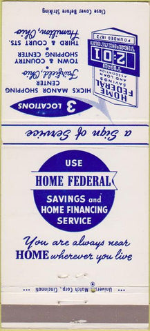 Matchbook Cover - Home Federal Savings Loan Hamilton OH Fairfield 30 Strike