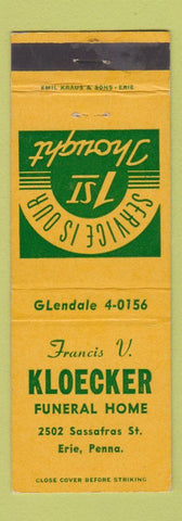 Matchbook Cover - Francis Kloecker Funeral Home Erie PA