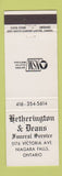Matchbook Cover - Hetherington Deans Funeral Home Niagara Falls ON