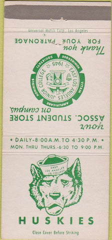 Matchbook Cover - East Los Angeles Jr College Hustkies CA 30 Strike