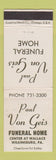 Matchbook Cover - Paul Von Geis Funeral Home Wilkinsburg PA