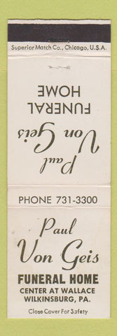 Matchbook Cover - Paul Von Geis Funeral Home Wilkinsburg PA