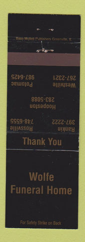 Matchbook Cover - Wolfe Funeral Home Rankin Hoopeston Potomac Rossville IL