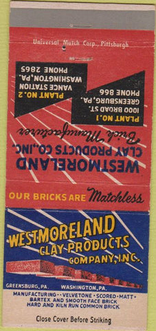 Matchbook Cover - Whitemoreland Clay Products Washington PA Greensburg 30 Strike